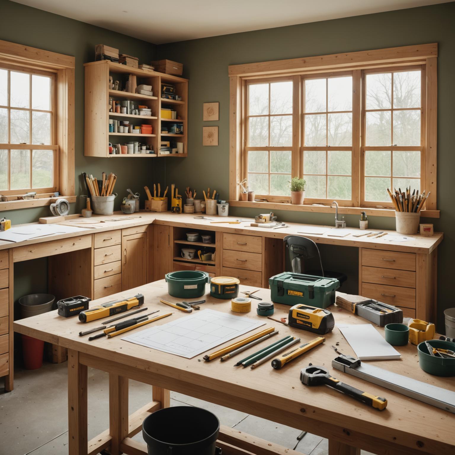 Workshop bench with tools, blueprints and natural light