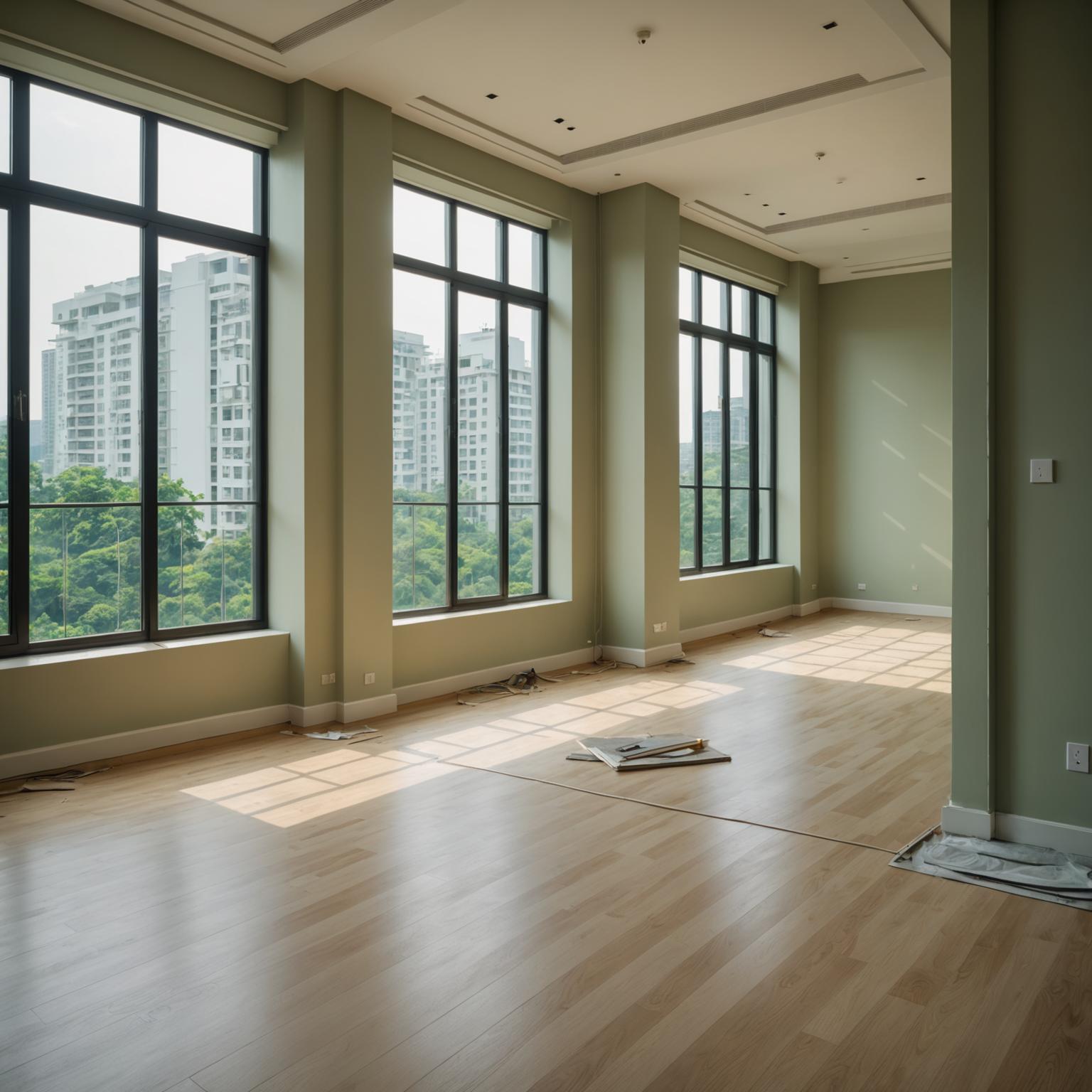 Bright, freshly renovated condominium living room with sage green and cream finishes