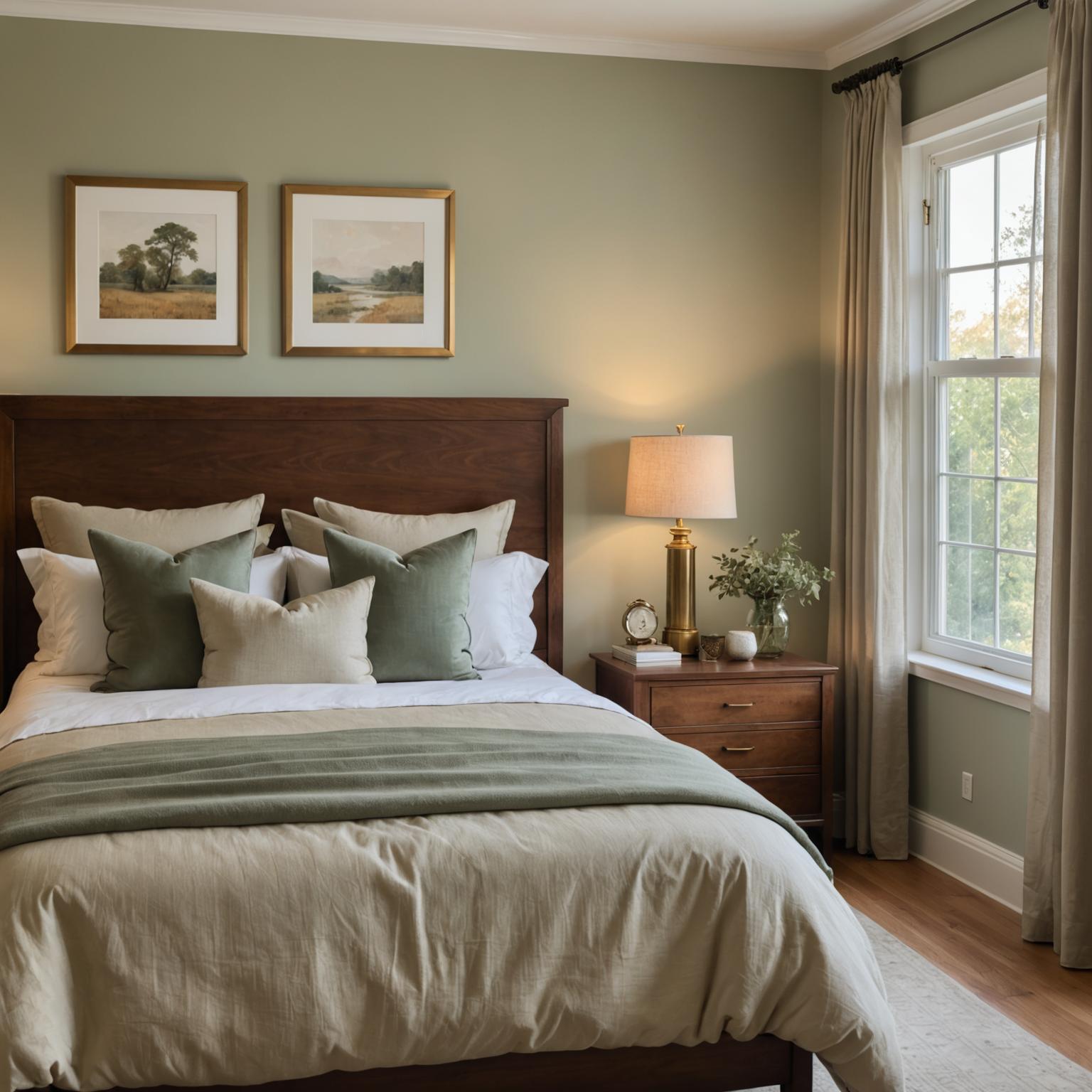 Master bedroom with wooden headboard and linen bedding