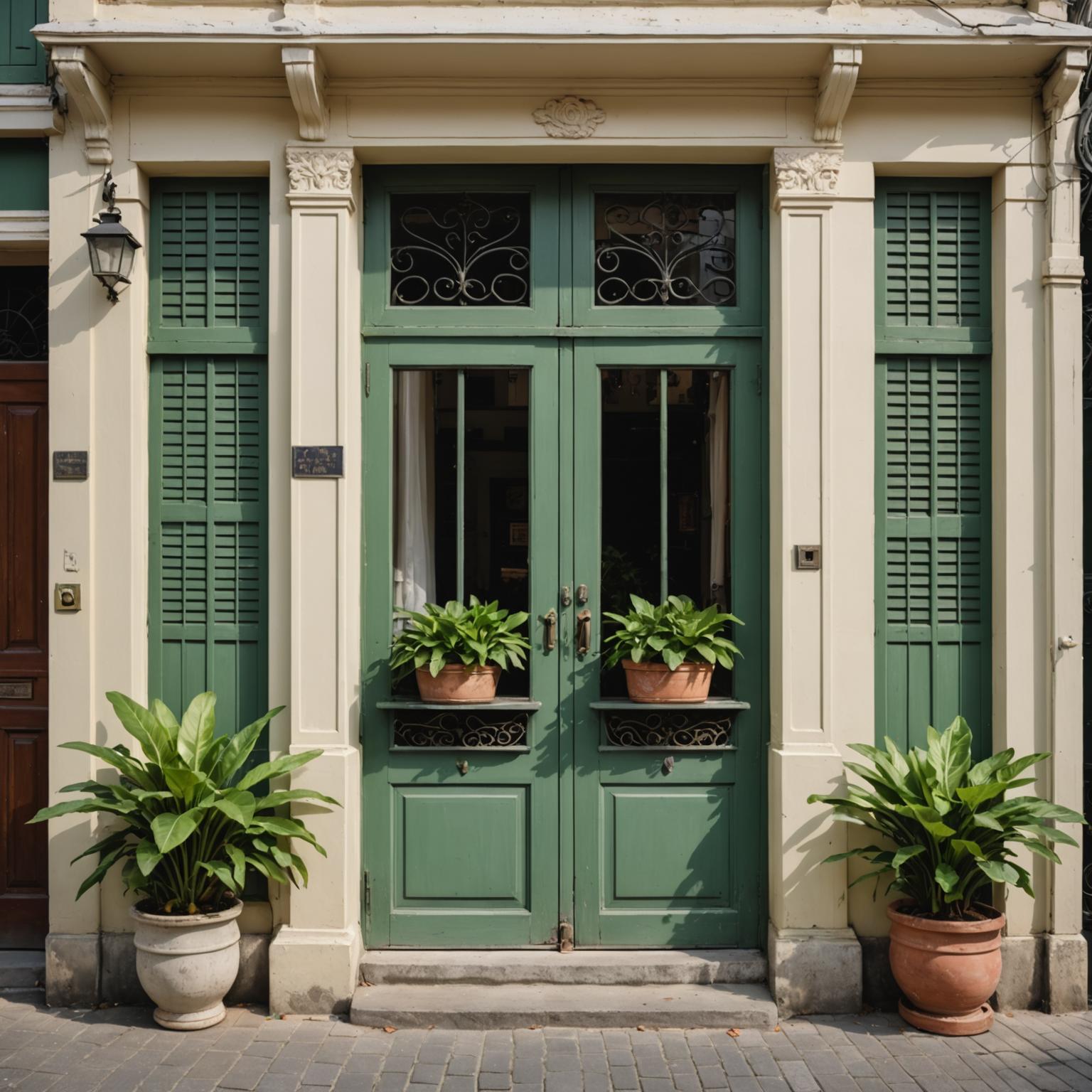 Repainted shop house facade in cream and sage