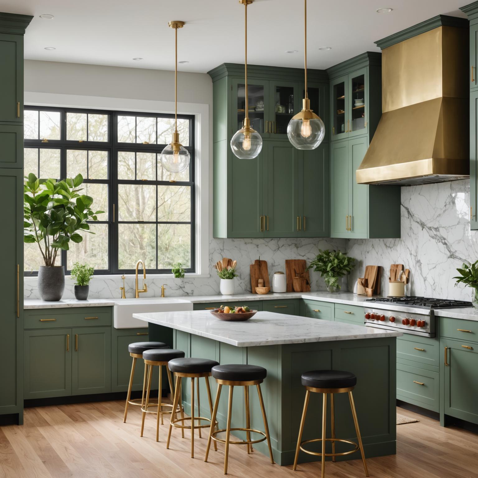 Renovated kitchen with sage cabinetry and quartz counters