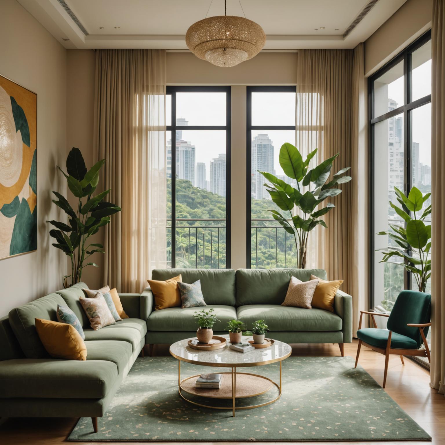 Living room with sage sofa and rattan accents