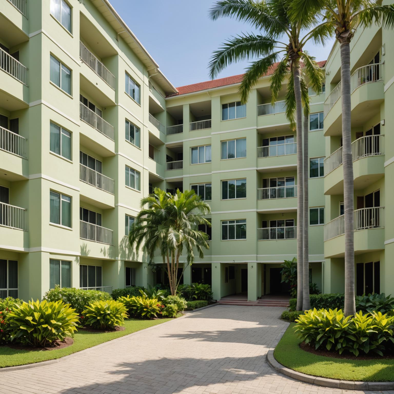 Well kept condominium facade with cream and sage paintwork