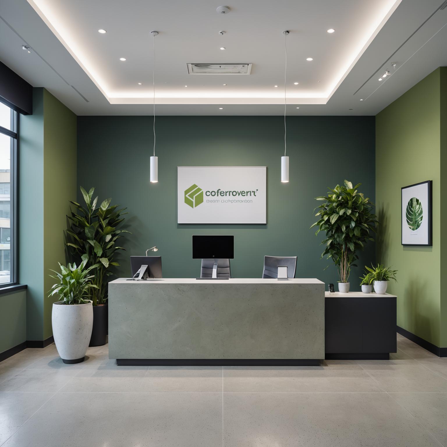 Sleek office reception with custom millwork and pendant lighting