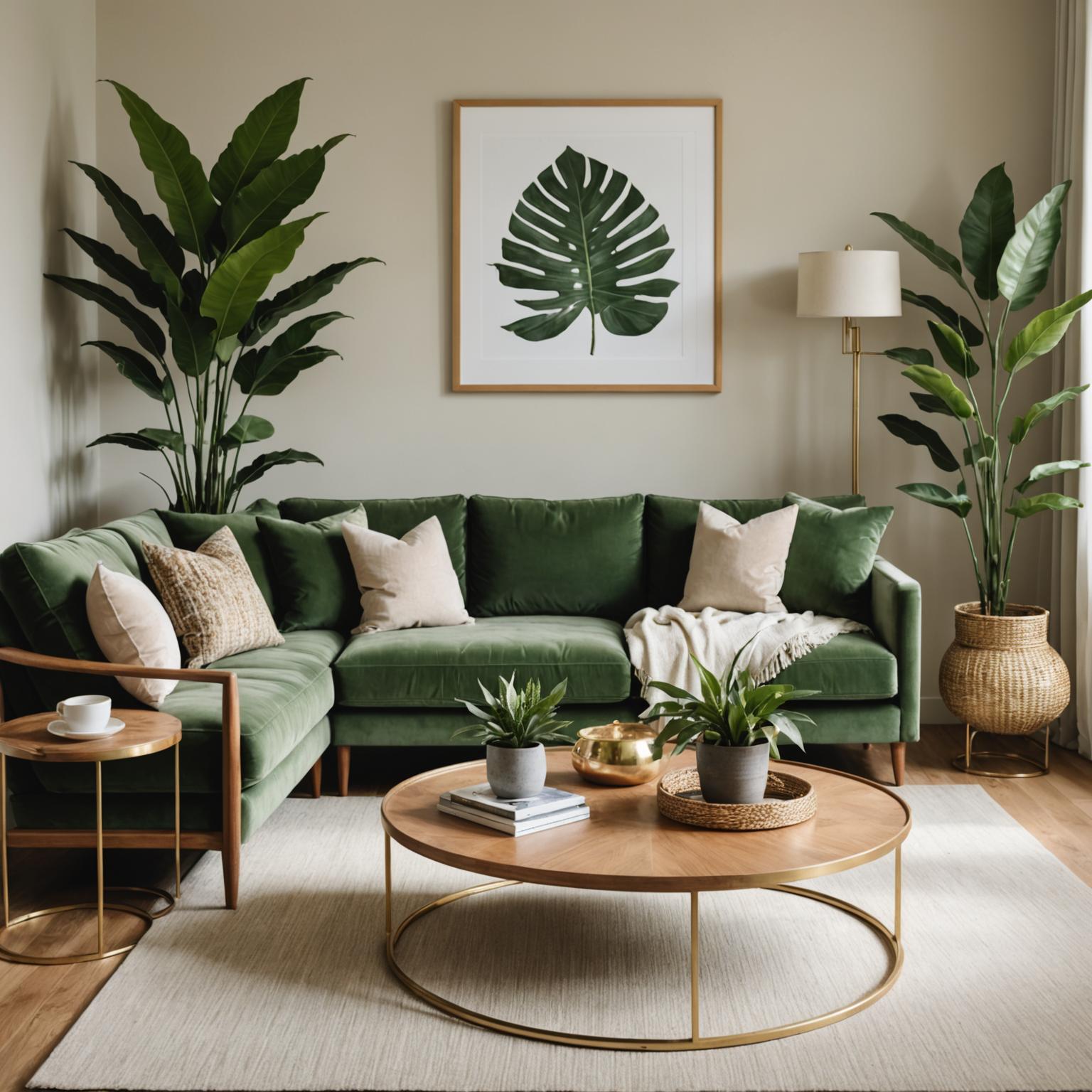 Styled living room with sage sofa and rattan accents