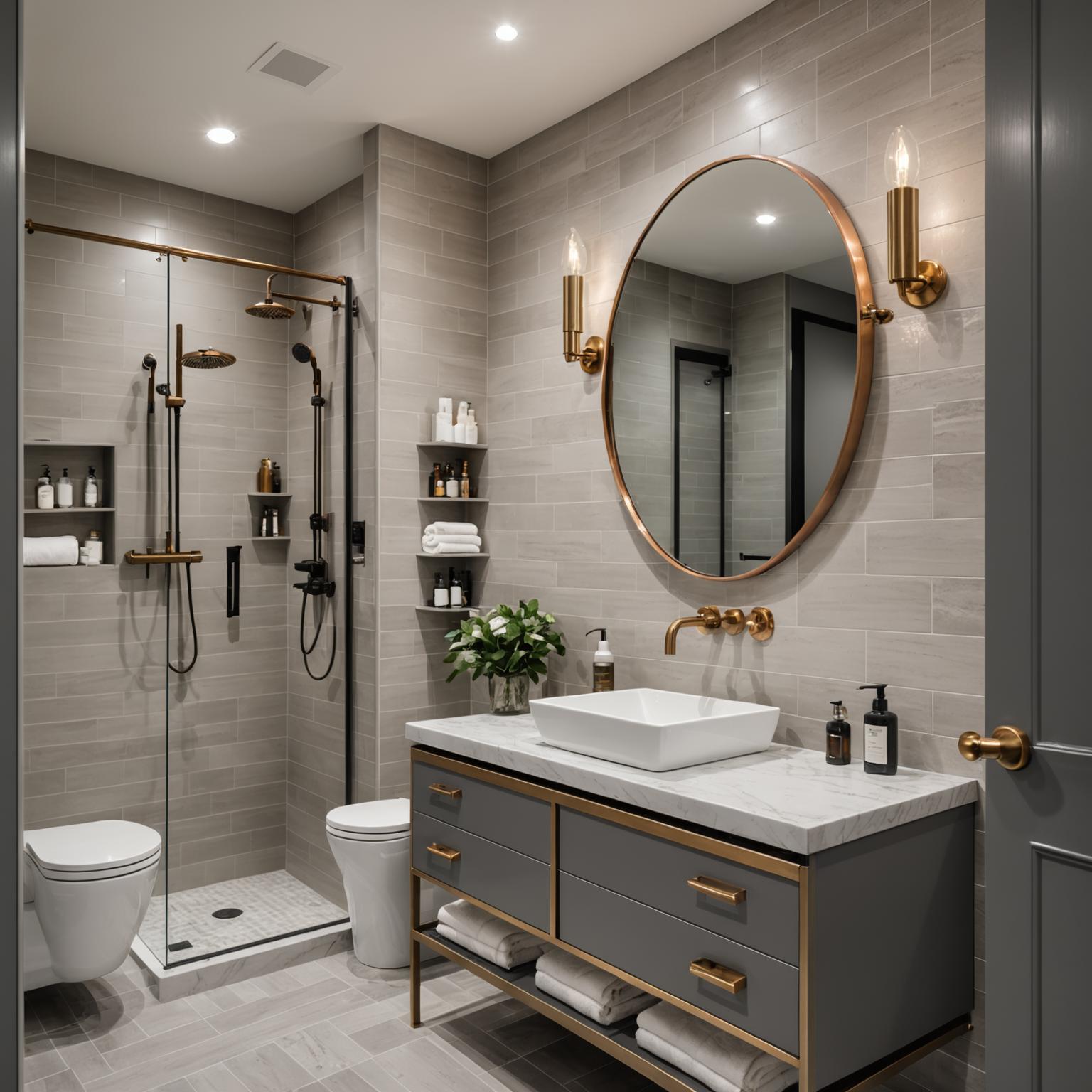 Renovated bathroom with brass fixtures and floating vanity
