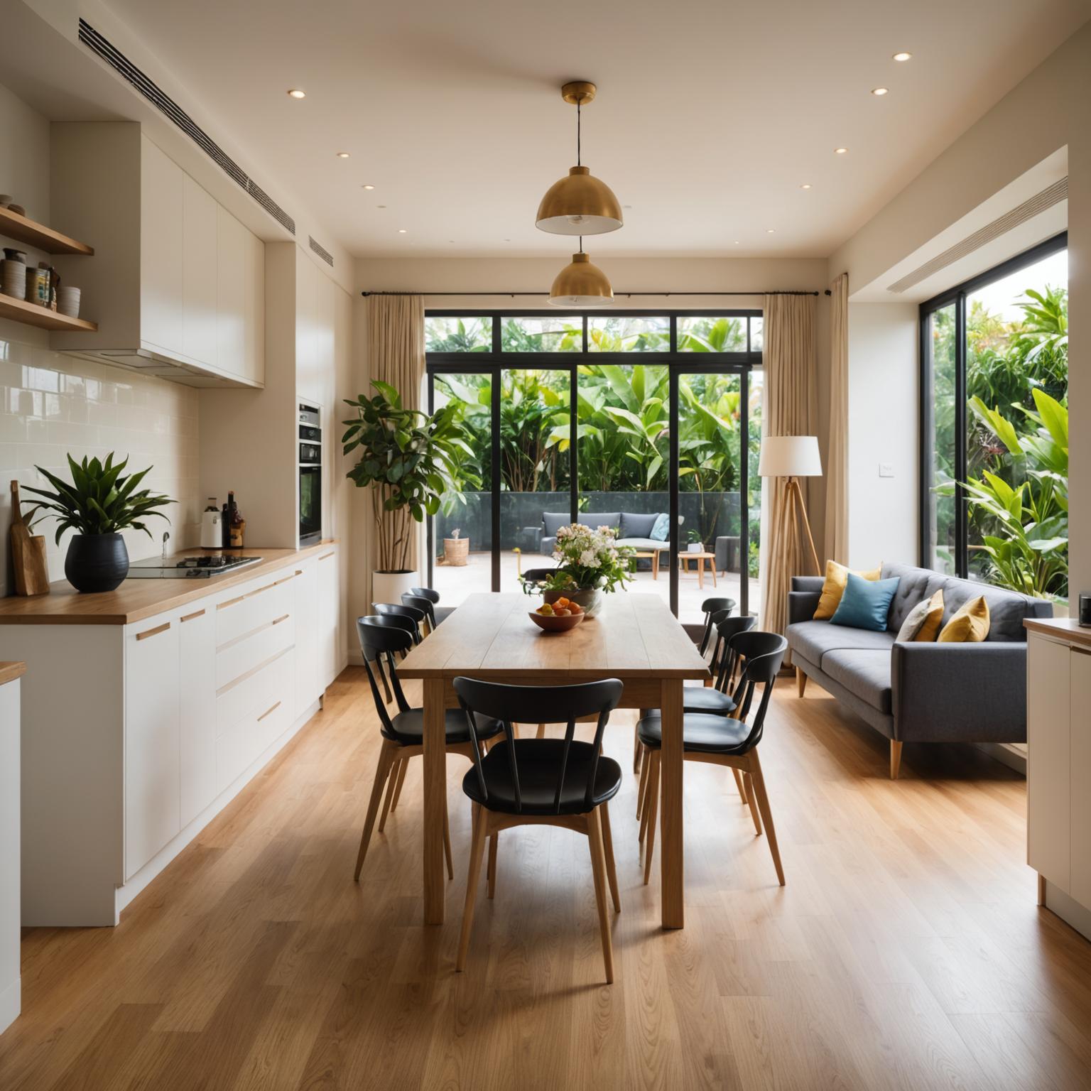 Open plan living area with light oak flooring and cream walls